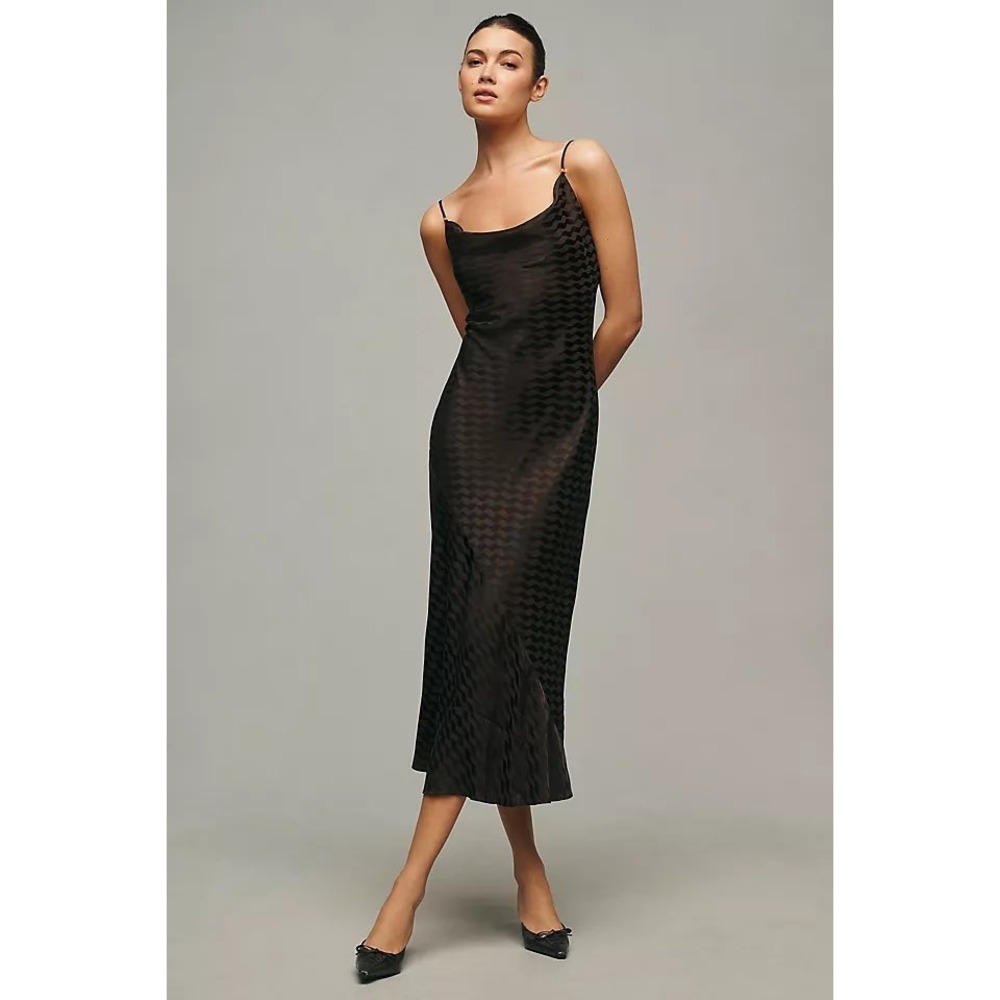 Anthropologie Burnout Cowl Neck Maxi Slip Dress L Brown Wave Pattern Cocktail